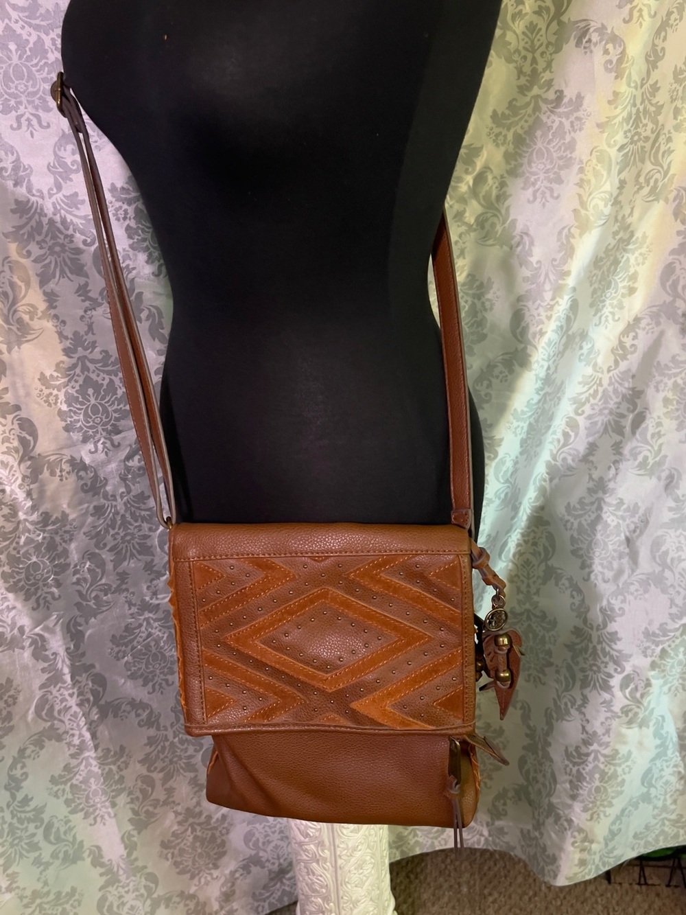 Jessica Simpson Brown Leather Crossbody Bag with Geometric Detailing